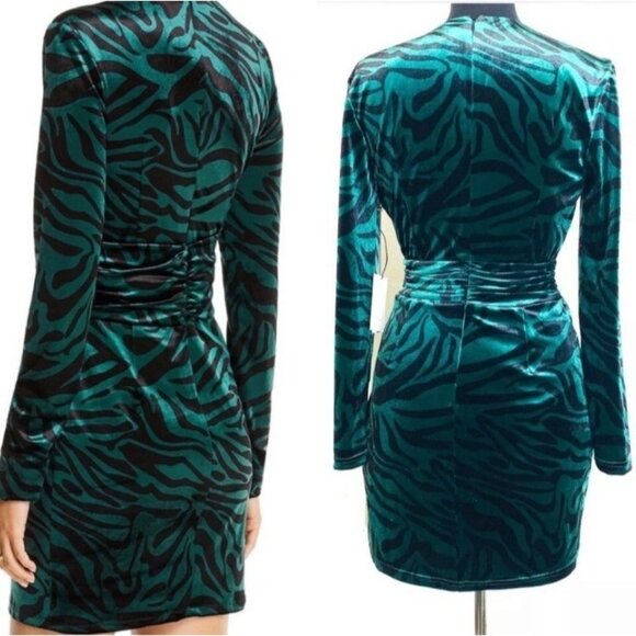 LINI NATALIE Velvet Emerald Zebra Print Faux Wrap Dress S - Picture 2 of 13